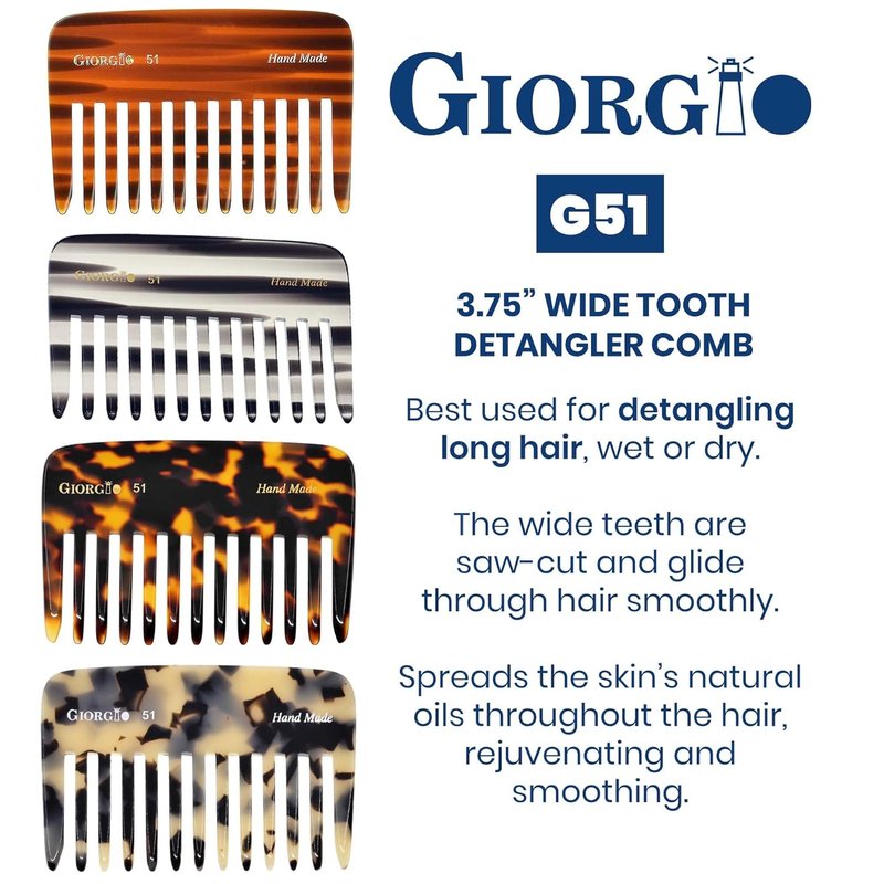 Giorgio G51 TW Small Travel Purse Comb - Wide Teeth Hair Detangler for Thick Curly Hair | Handmade Cellulose Design