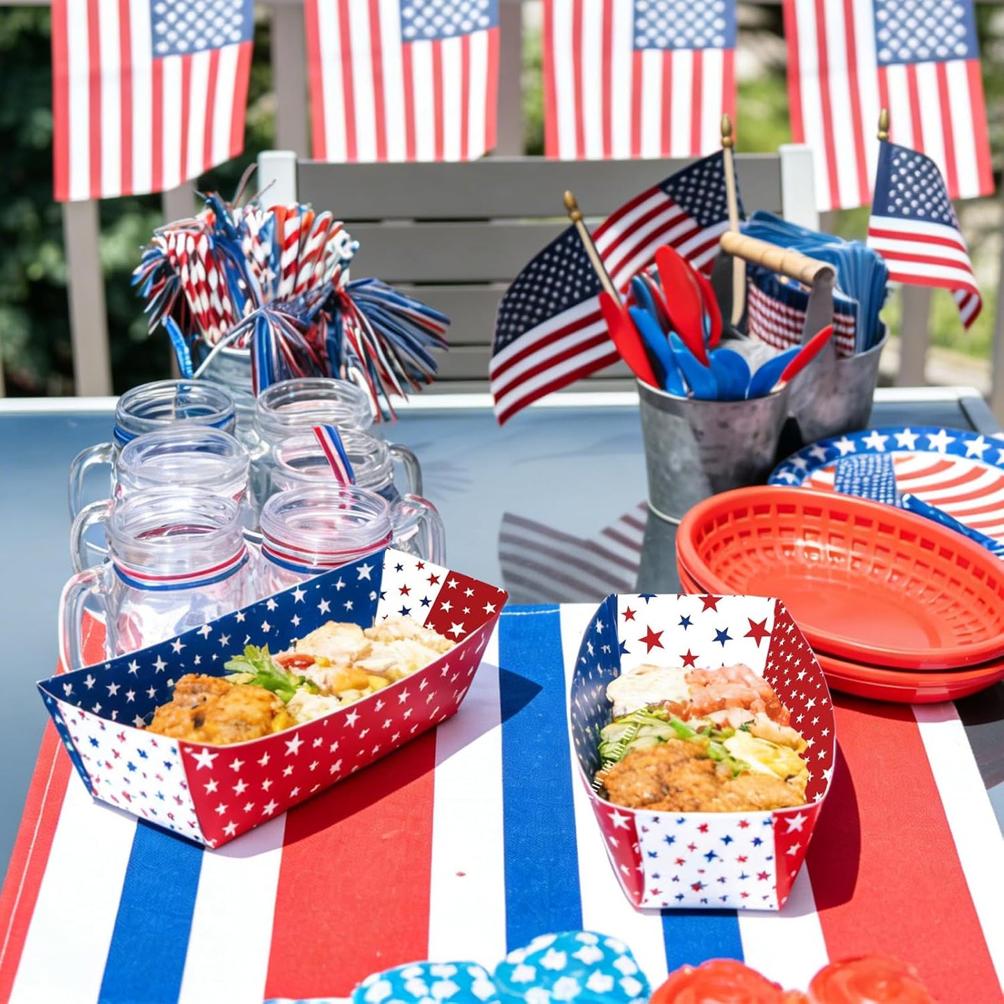 Disposable Paper Serving Trays - 30 Pack Red, White & Blue Star Design for Popcorn, Snacks | Perfect for 4th of July, BBQs & Picnics