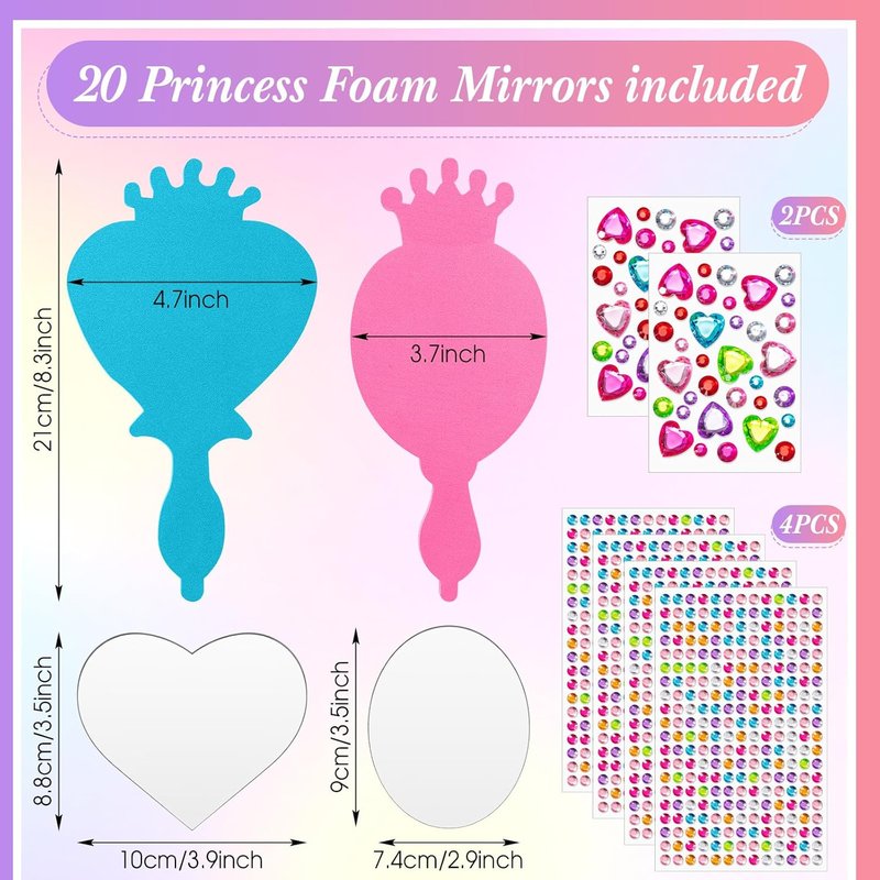 Unbreakable Kids Mirror Set - 20 Pcs DIY Foam Princess Decor | Mermaid Crafts for Party Fun