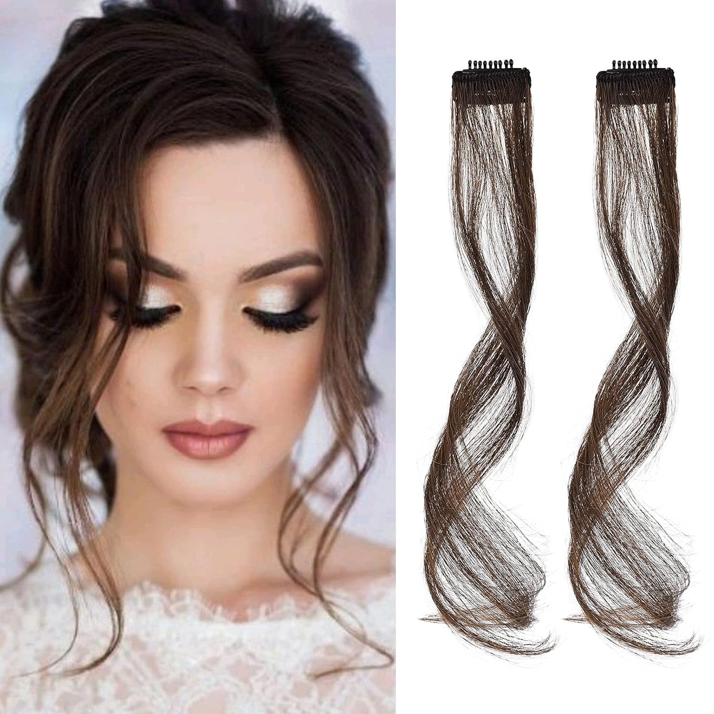 Long Side Air Bangs - Wavy Curly Clip-In Curtain Bangs for Women | 12 Inch Face-Framing Highlights in Grey/Brown/Silver/White