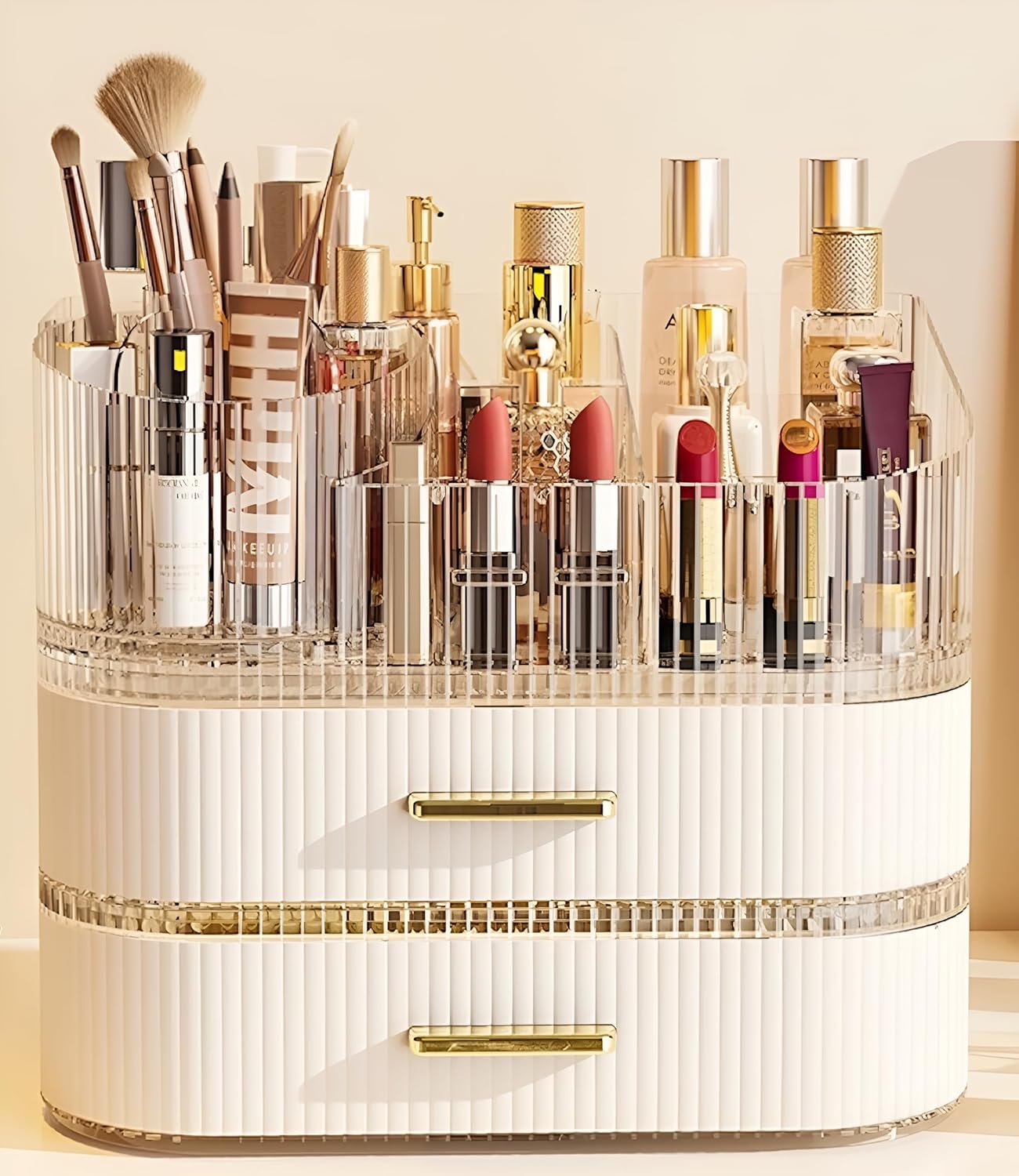 Makeup Organizer - 360° Rotating Brush Holder & Large Capacity Storage | Cream White, 3-Layer Design for Vanity & Accessories