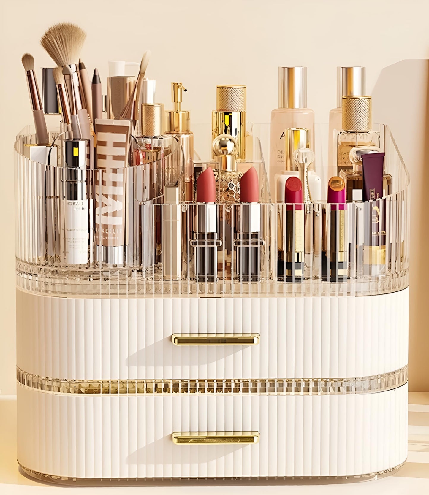 SpaceLuxe Makeup Organizer with Drawers and 360° Rotating Brush Holder, Large Capacity Cosmetic Storage for Vanity, Skincare, Perfume, Hair Accessories, Lipstick & Jewelry (Cream White, 3-layer)