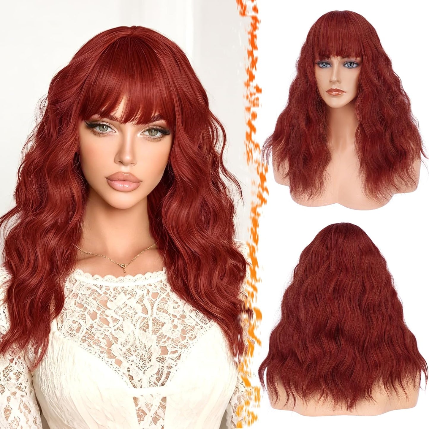 Long Wavy Blonde Curtain Bangs Wig - 26" Synthetic Ombre Wig with Dark Roots | Soft Natural Look