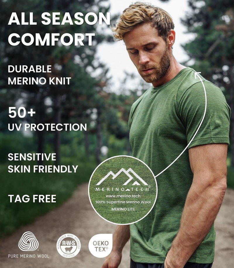 Merino.tech Merino Wool T-Shirt Mens - 100% Merino Wool Undershirt Lightweight Base Layer (Woodland Grey Blue, Large)