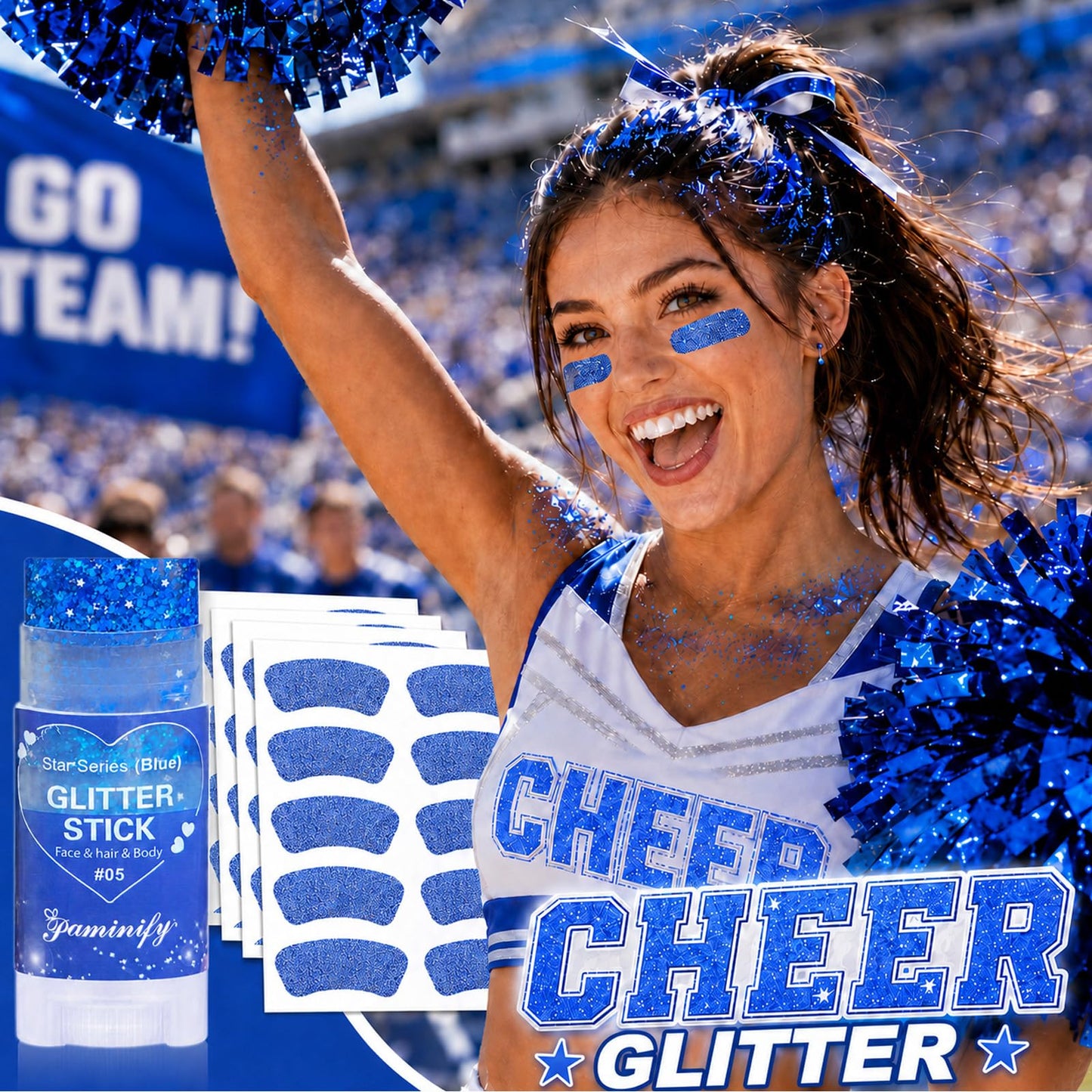 Paminify Blue Hair Glitter Stick and Eye Black Stickers Kit,50pcs Waterproof Cheer Glitter Eye Sticker for Football Baseball Soccer Sports,Team Spirit Wear 4th of July Royal Blue Face Body Glitter