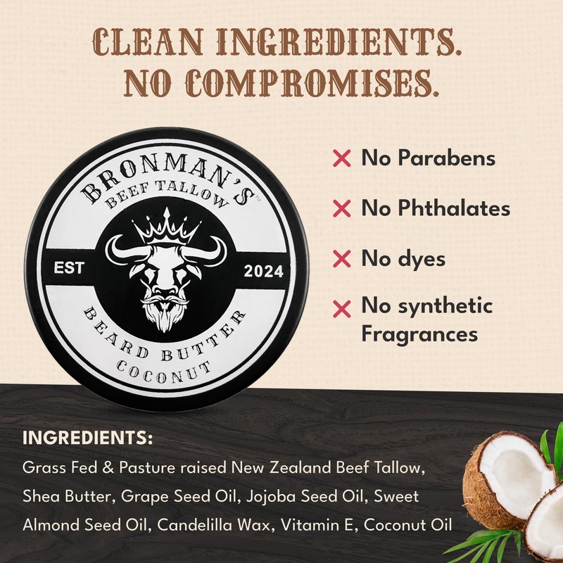 Bronmans Beef Tallow Beard Butter for Men - 4oz - Hydrating Coconut Beard and Skin Balm with Shea Butter - Deeply Moisturizing Tallow