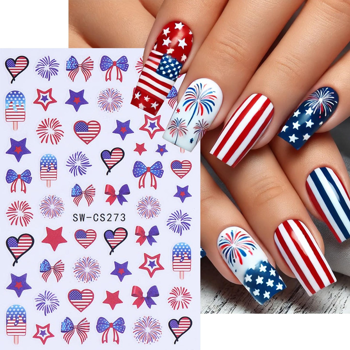 Fourth of July Nail Stickers Red White Blue Nail Decals for Nail Art 6PCS 3D Self Adhesive Independence Day Nails Designs Stickers Fireworks Bow Star Nail Slider Manicure Patriotic Nail Art for Women