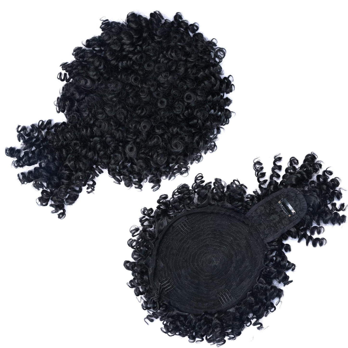 Servintha Afro Puff Drawstring Ponytail with Bangs for Black Women Kinky Curly Ponytail Extension Natural Black Short Pony Tail Hair Extension Synthetic Fake Hair Pieces 1B Color