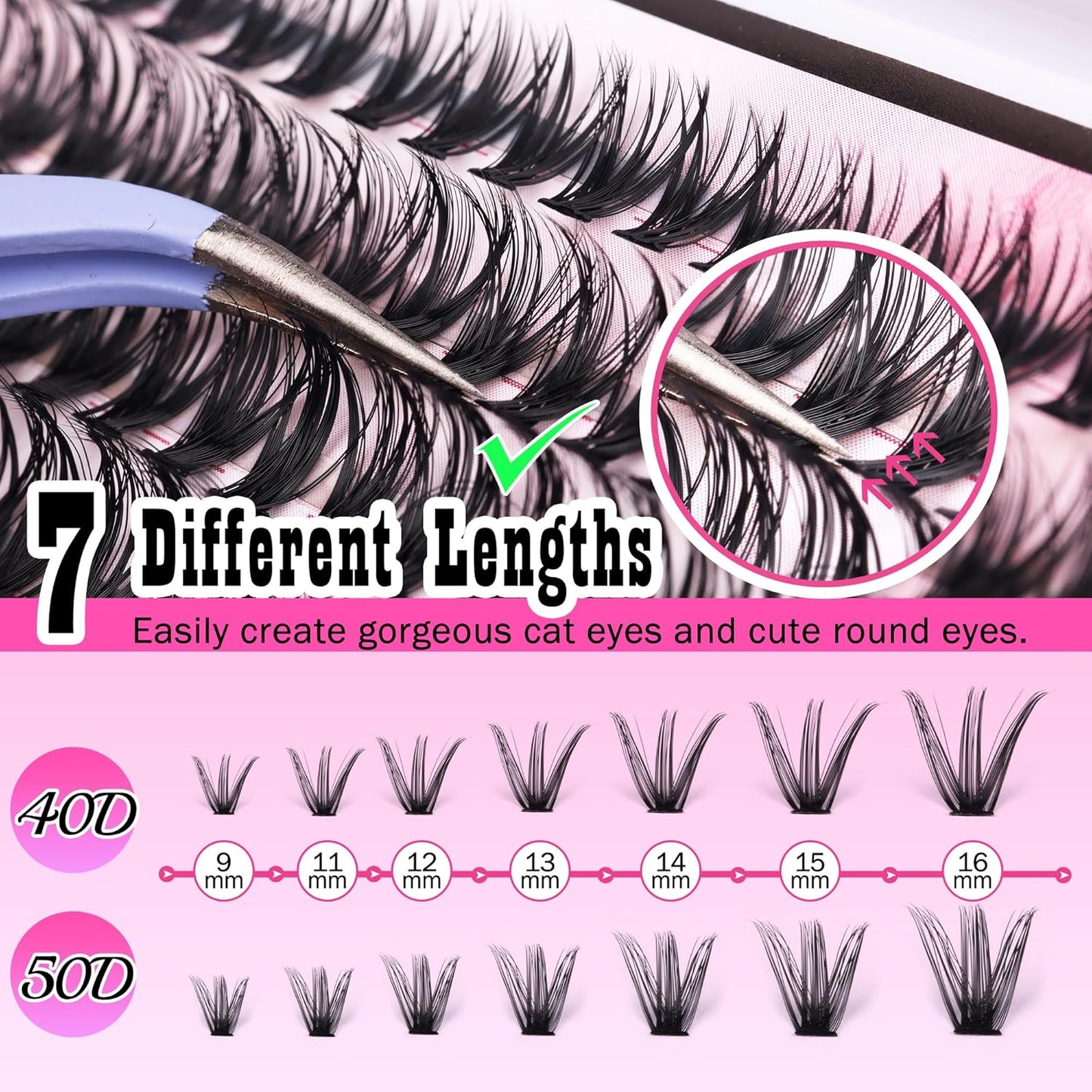 DIY Eyelash Extension Kit - Thick Volume 40D & 50D Cluster Lashes | 280 Pieces with Bond & Tweezers