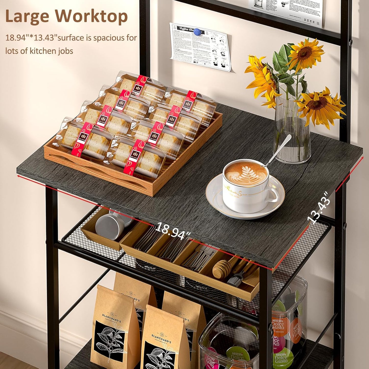 5 Tier Coffee Bar Station - Farmhouse Kitchen Stand with 4 S-Shaped Hooks | Compact Gray 13.43"D x 18.93"W x 53.31"H