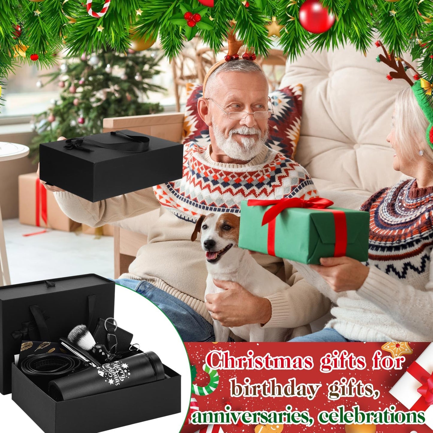 Tioncy 12 Pcs Christmas Men Gift Set Birthday Gifts Baskets with Box Tumbler Bottle Opener Keychain PU Leather Wallet Tie Belt Bag Bracelet Eye Mask Xmas Party Present Box for Dad(Delicate Pattern)