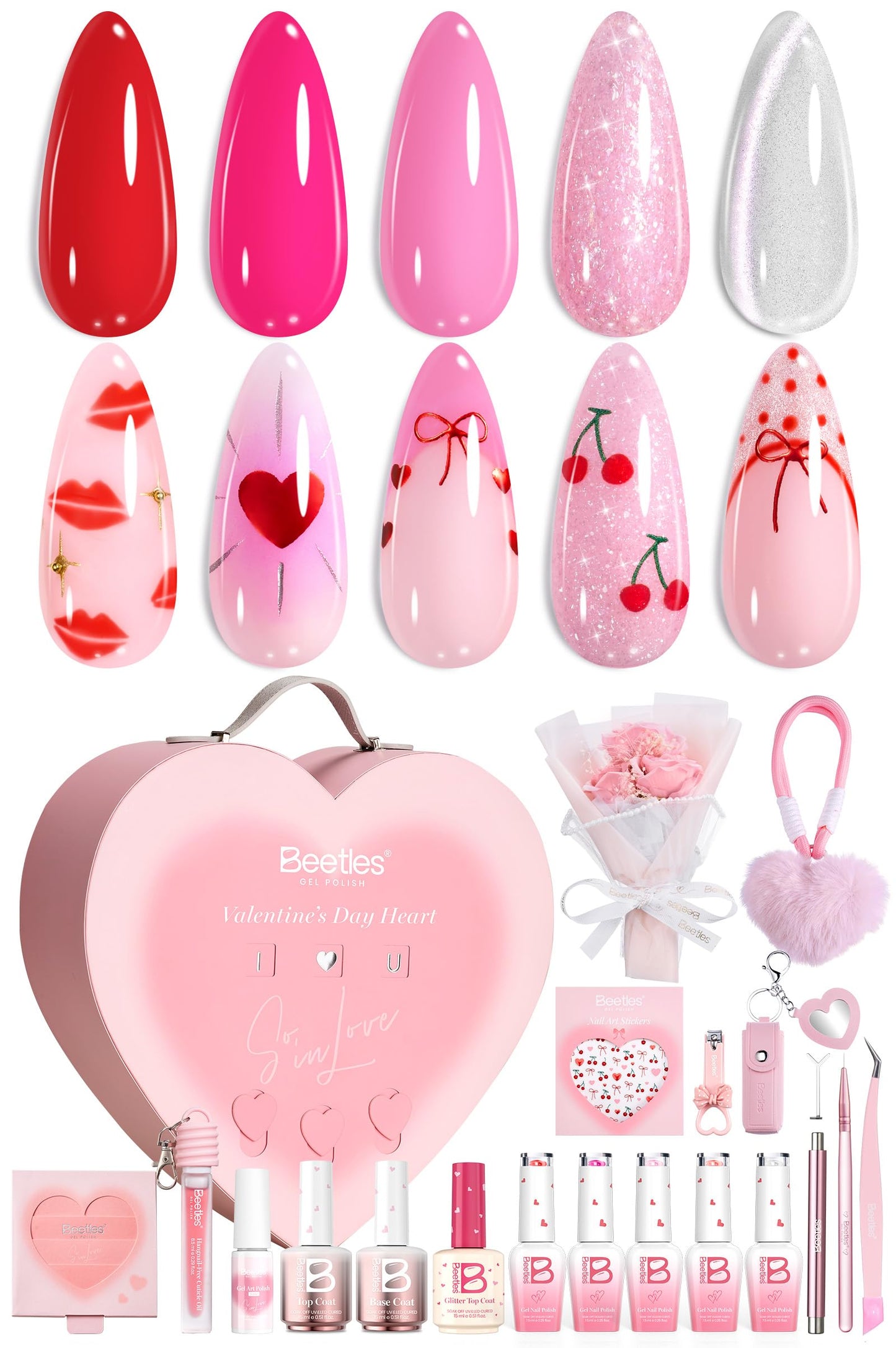 Beetles Romantic Summer Gel Nail Polish Kit – Hot Pink Red Cat Eye Gel Nail Polish Set, Treat Yourself Self Care Gift Set with Pink & Rosy Gel Colors, DIY At-Home Manicure Gift for Women