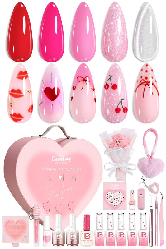Beetles Romantic Summer Gel Nail Polish Kit – Hot Pink Red Cat Eye Gel Nail Polish Set, Treat Yourself Self Care Gift Set with Pink & Rosy Gel Colors, DIY At-Home Manicure Gift for Women