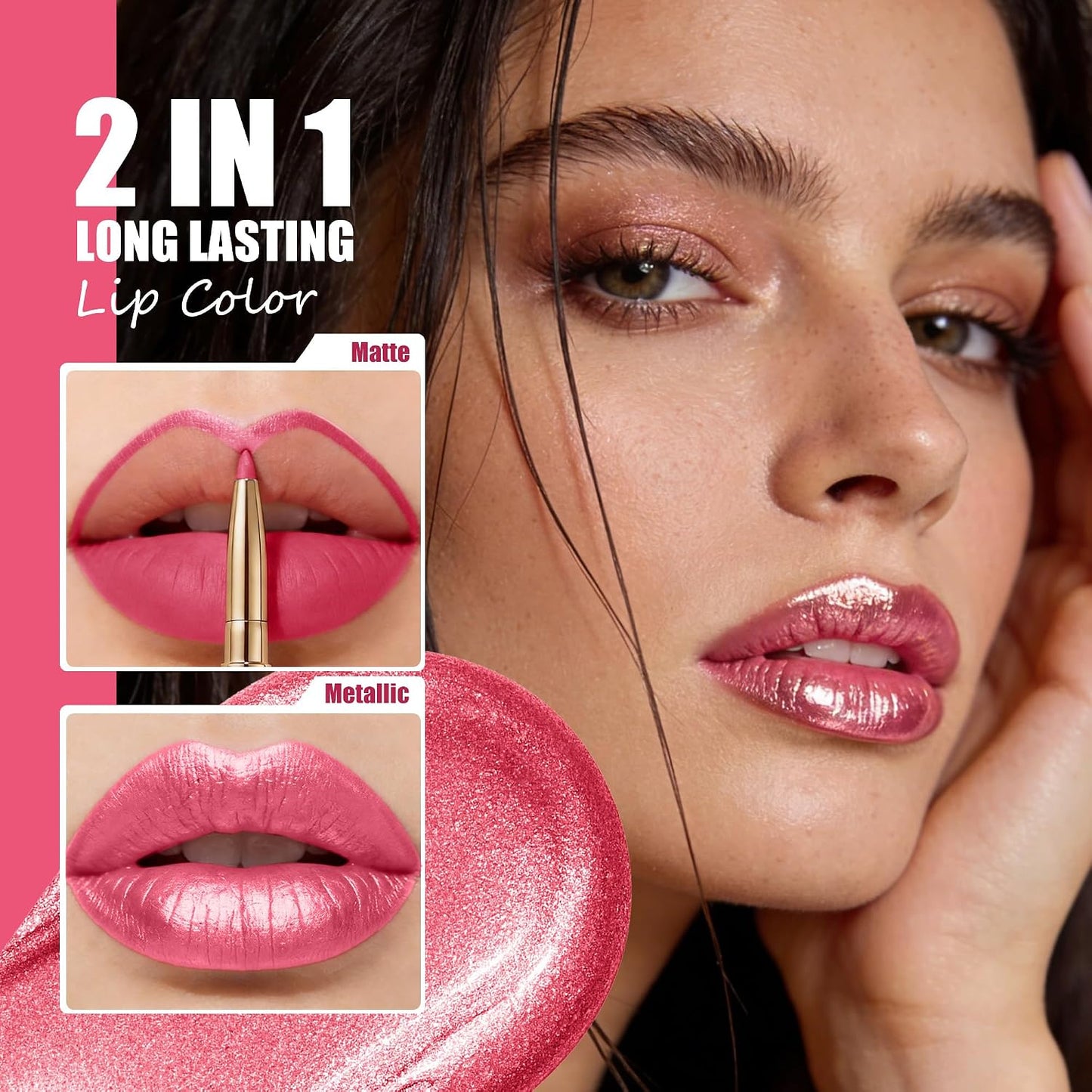 Pink Metallic Lipstick & Lip Liner Combo - Waterproof, Smudgeproof Shimmer Finish | Long Lasting Nude (GB24 Mauve Babe)