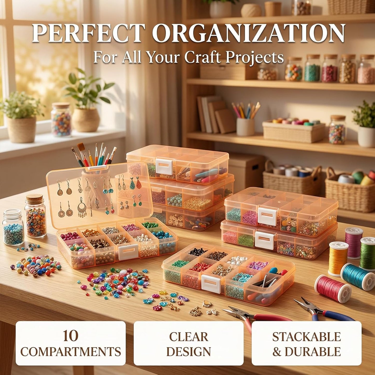 Stackable Plastic Organizer Boxes - 4-Pack Jewelry & Craft Storage Case | Waterproof Bead, Nail & Tackle Holder (Orange)