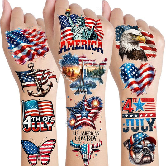 Fourth of July Temporary Tattoos - 49 PCS American Patriotic Stickers | Red, White & Blue USA Flag Designs