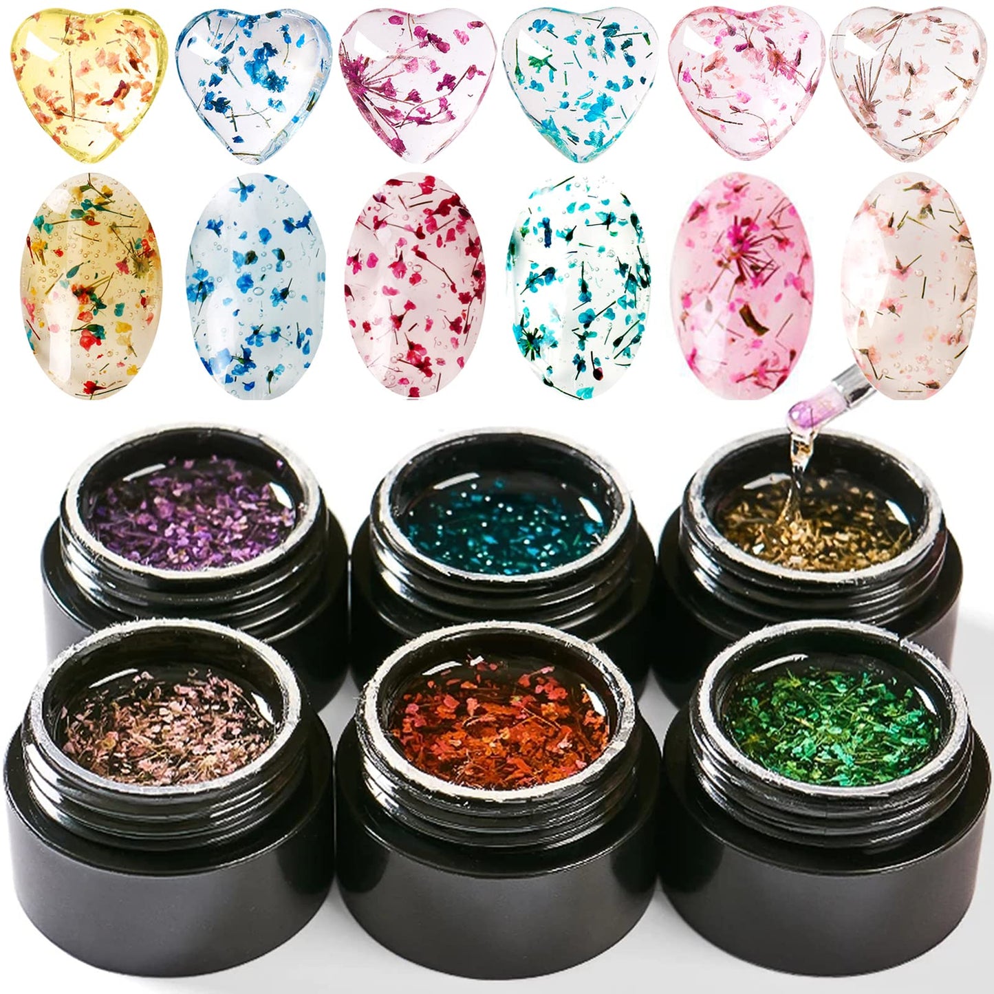 Bellecrey 6 Color/Set Dried Flowers Gel Nail Polish, Flower Fairy Gel Polish, Soak Off UV Holographic Varnish Rose Gold Pink Green Blue Purple Nail Polish Gel