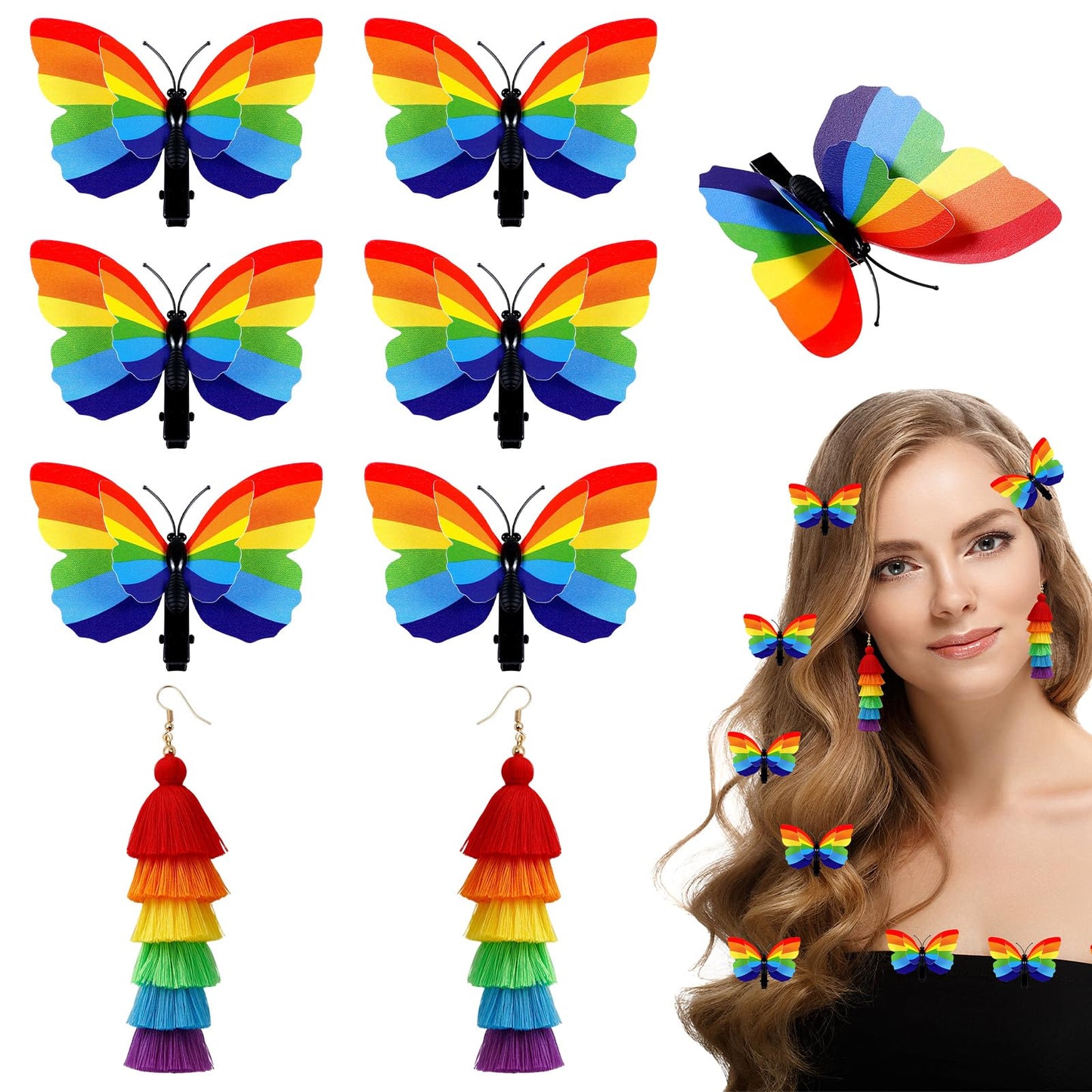6 Pcs Pride Rainbow Butterfly Hair Clips with Tassel Earrings Gay Pride Day Hair Accessories Pride Earrings LGBT Rainbow Accessories for Women Girls Men LGBT Pride Day Parades Celebrations Decorations