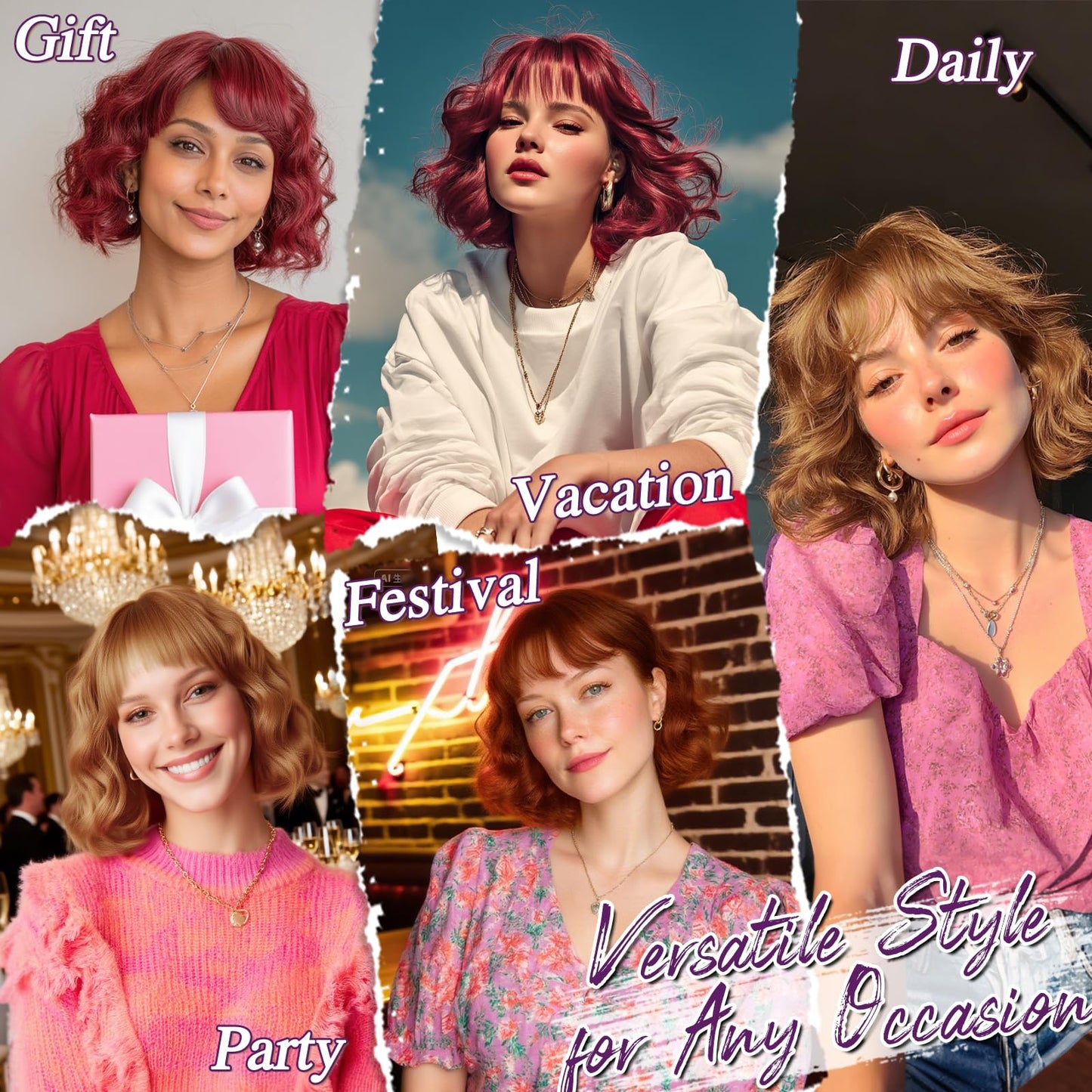 BARSDAR Copper Red Short Wavy Wig with Bangs - Short Copper Red Bob Wigs for Women - Curly Wavy Textured French Bob Wig with Bangs Soft Synthetic Natural Looking Face-Framing Daily