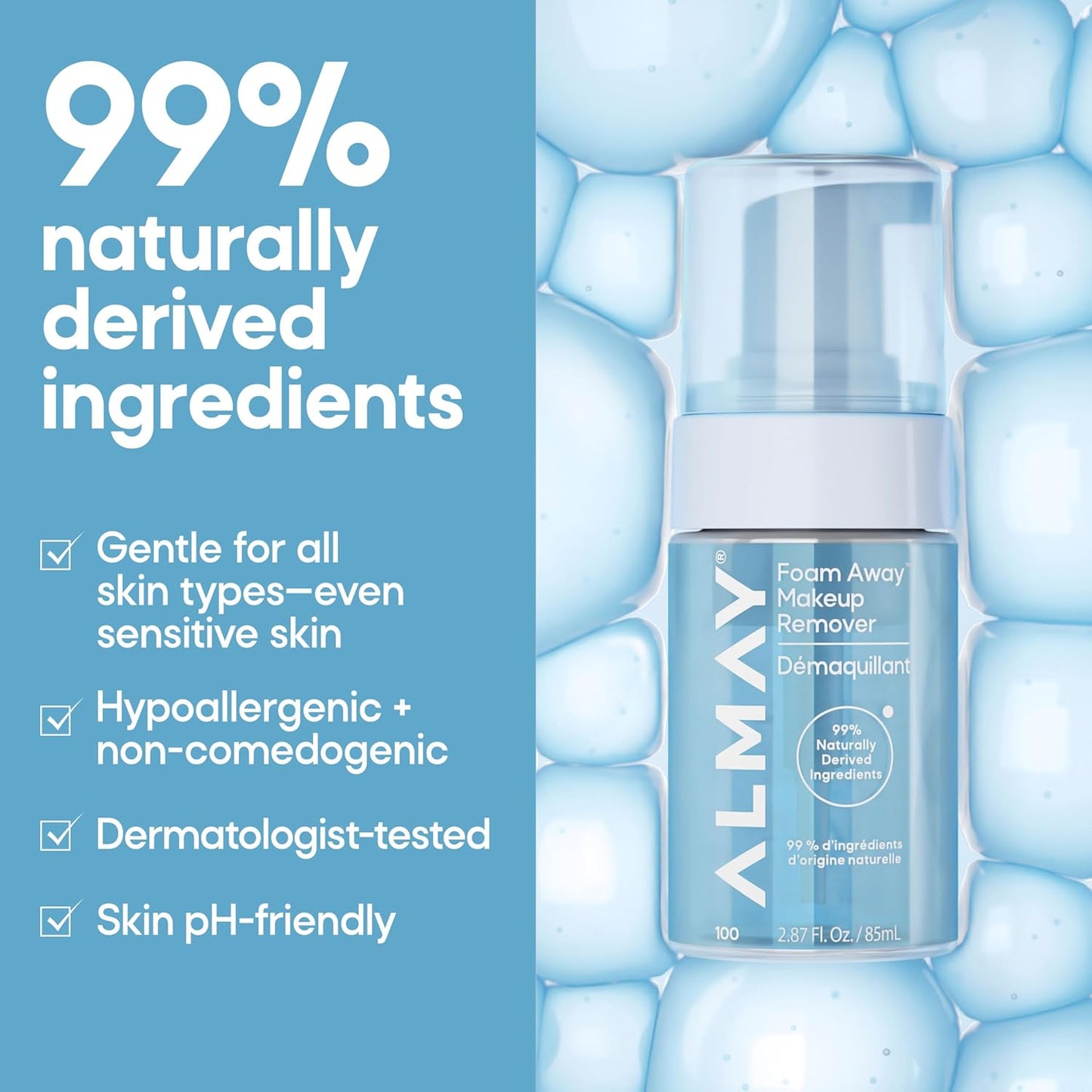 Almay Foam Away Makeup Remover - Gentle Foaming Facial Cleanser | Hypoallergenic, Vegan, 2.87 fl oz