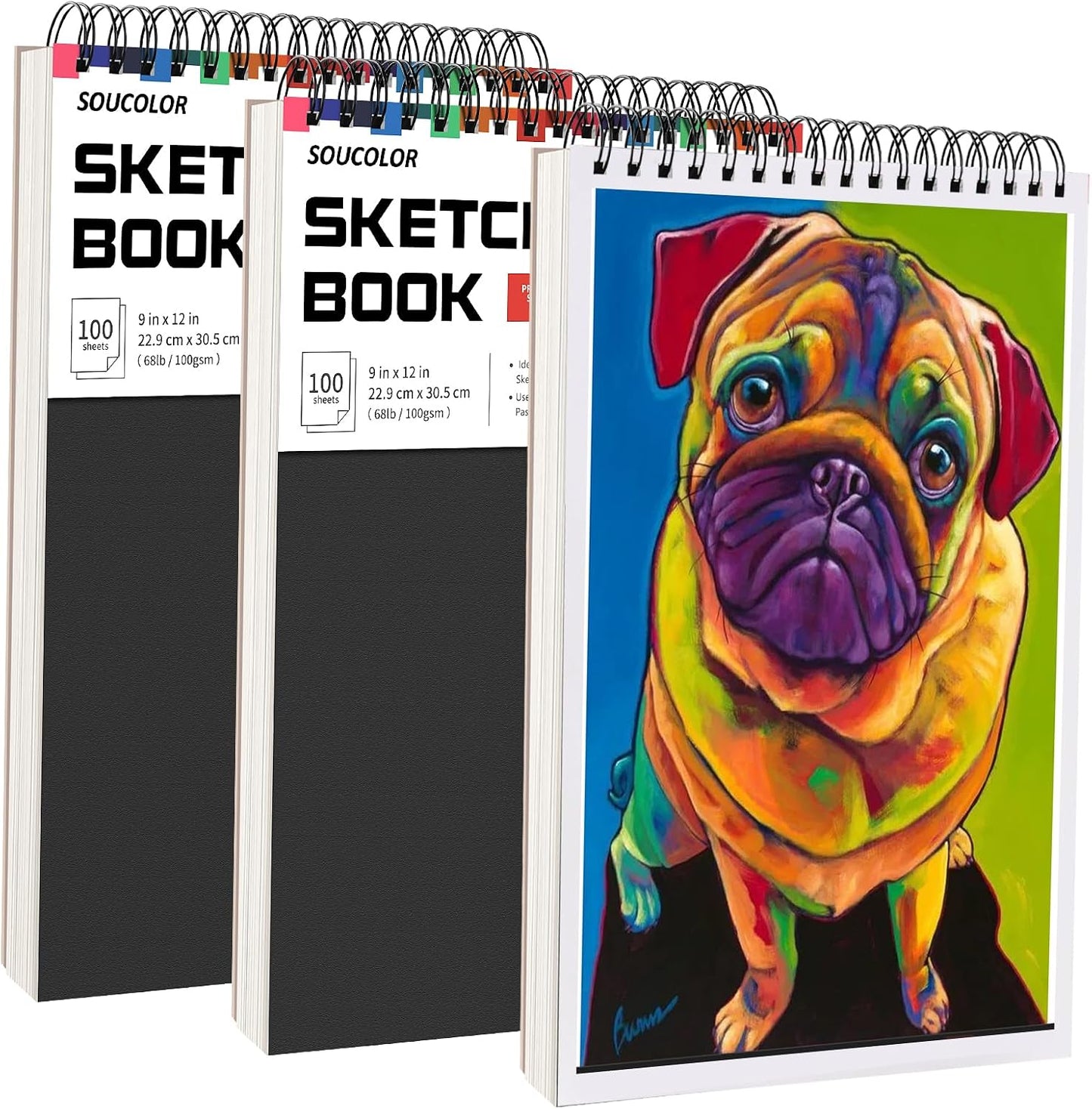 Soucolor Sketch Book - 9" x 12" Top Spiral Bound, 100 Sheets Acid-Free Drawing Paper | Ideal for Kids, Adults & Artists