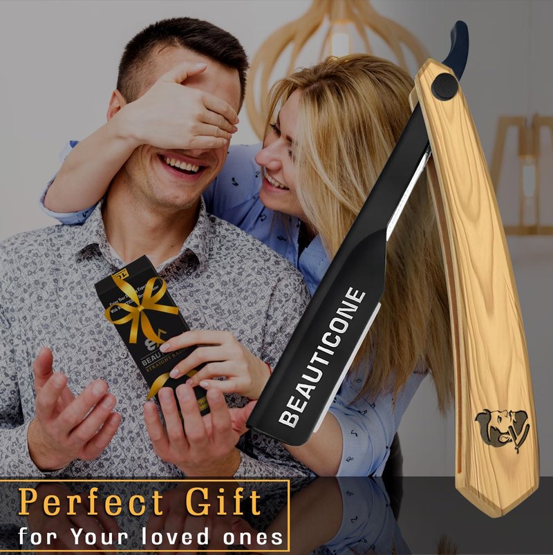 BEAUTICONE Straight Razors for Men, Professional Barber Razors, Premium Straight Edge Razor, Shaving Knife, Shavette, Stainless Steel, Wooden Handle, With PU Leather Case