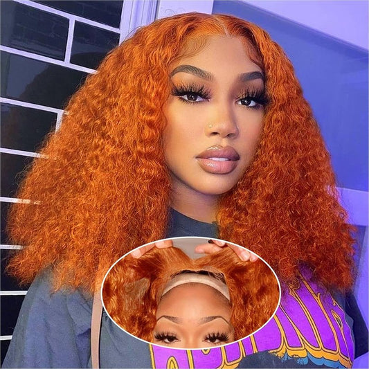 Curly Bob Wig - Human Hair Deep Wave 200% Density | 5x5 HD Lace Closure, Ginger Color, 14 Inch