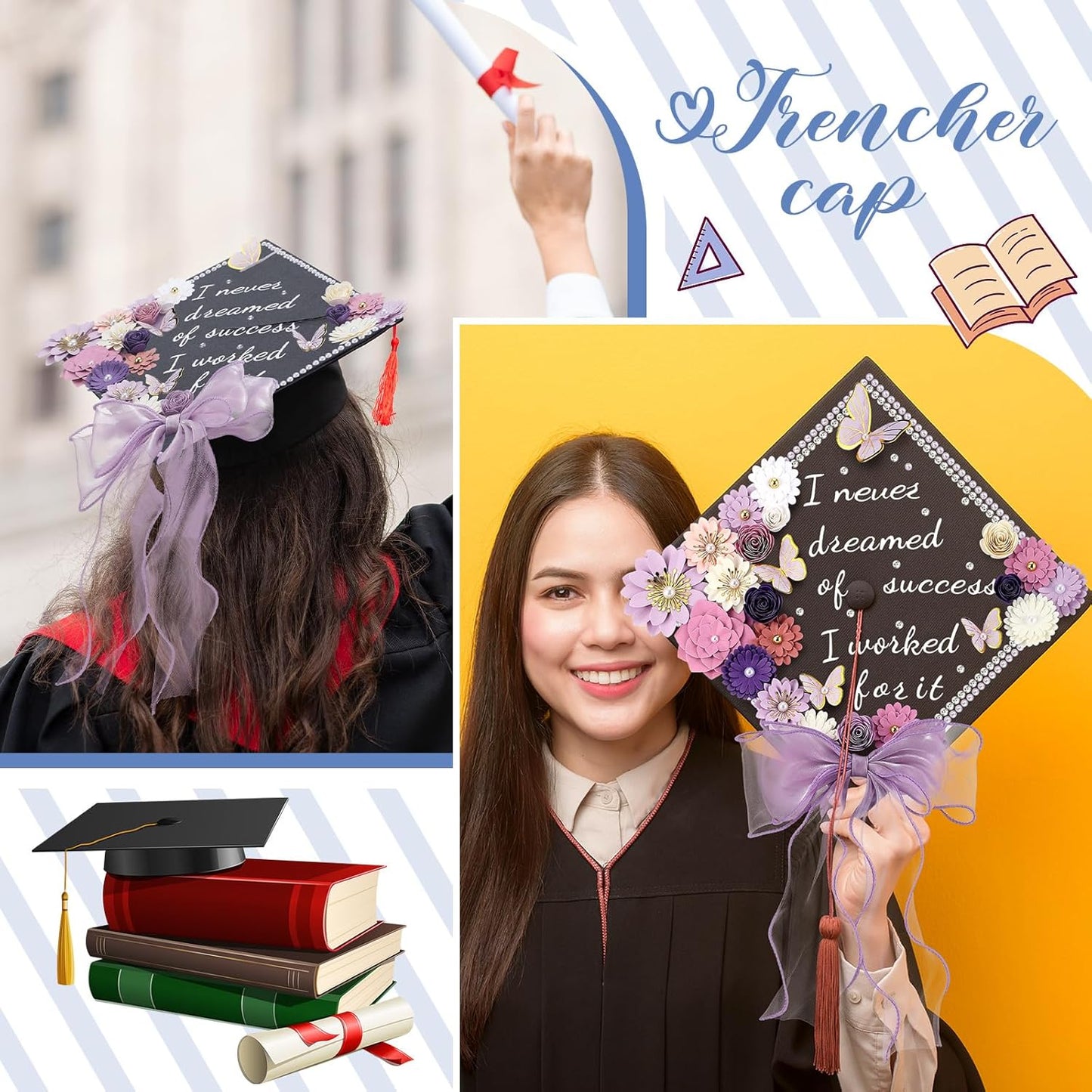 DIY Graduation Cap Decorations Kit - 46 Pcs with Paper Flowers, 3D Butterflies, Rhinestones & Ribbon Bow | Purple