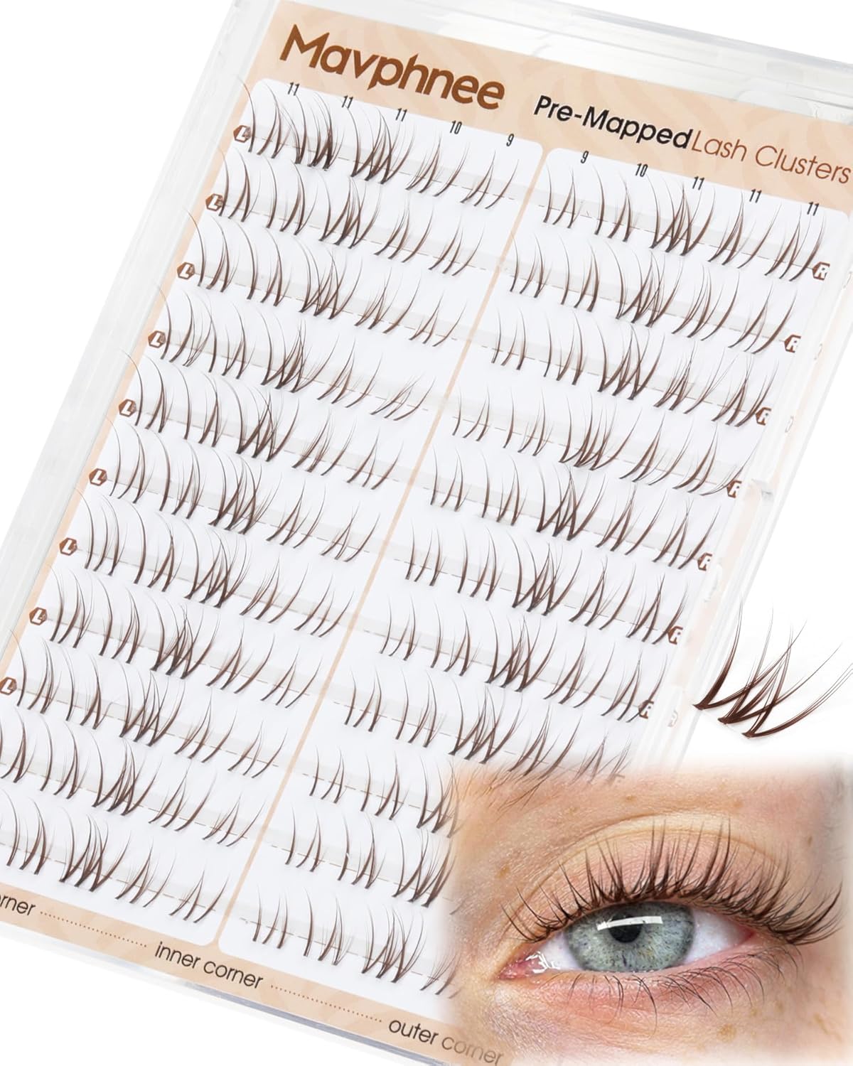 Natural Eyelash Extensions - Brown Lash Clusters | CC Curl, 9-10-11MM, Short Wispy Cat Eye Design