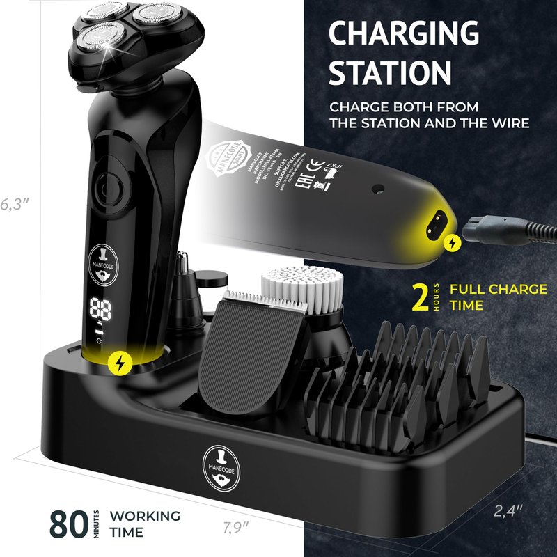 MANECODE® Electric Razor for Men - Shaver with Floating 8 Contouring Technology® and IQ Cleaning Sensor® (Charging Station)