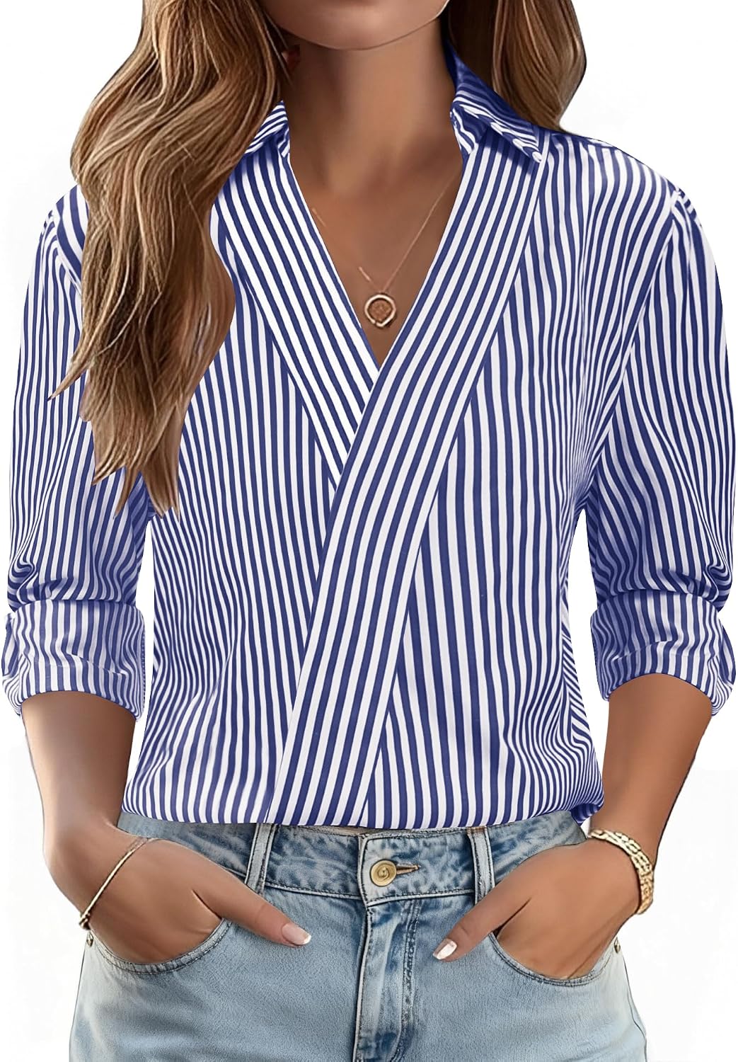 3/4 Length Sleeve Women's Dressy V-Neck Collared Tops - Trendy Business Casual Blouses for Work & Vacation