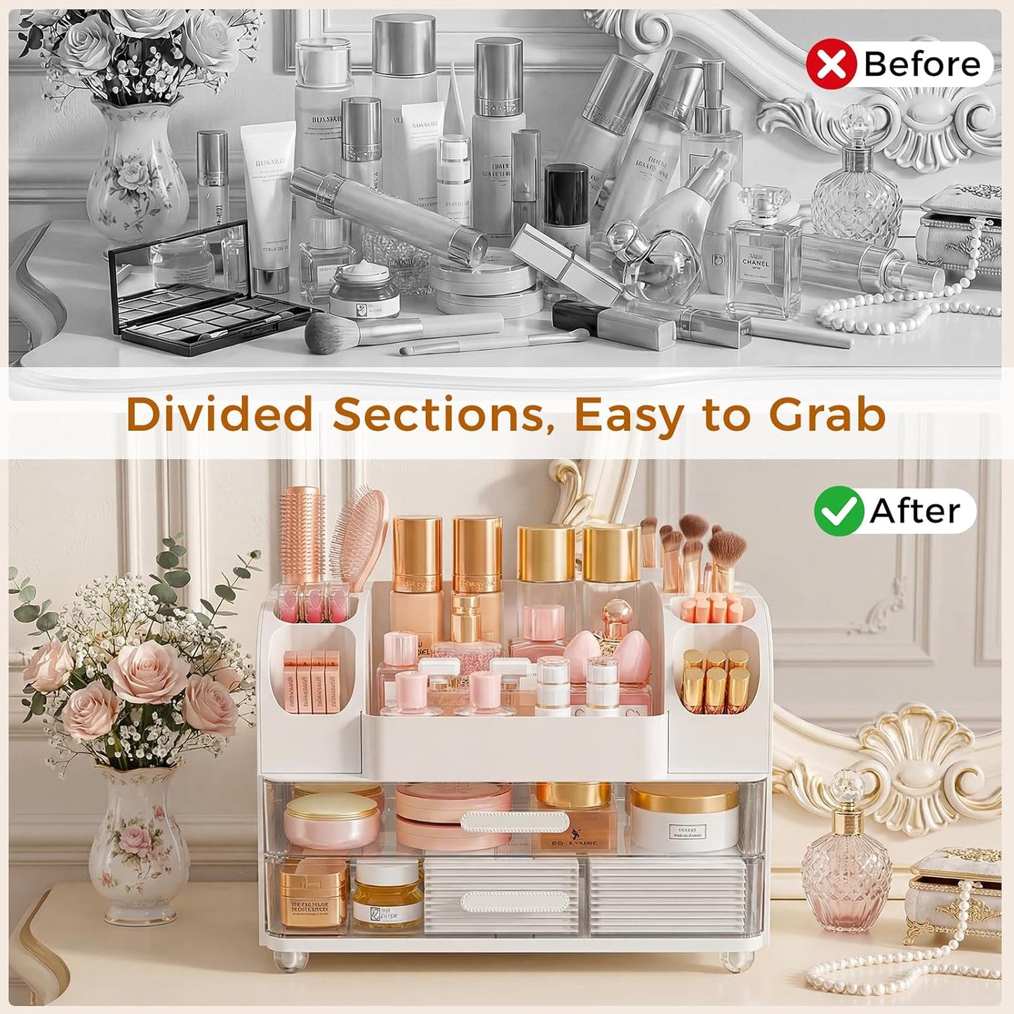 Makeup Organizer - Large Vanity Storage with Drawers | Skincare, Brush Holder & Perfume Display (White)