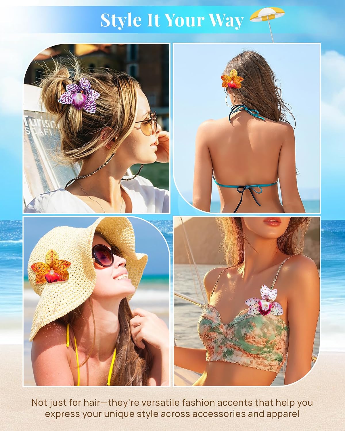 Hawaiian Flower Hair Clips - 3 Pack Artificial Tropical Orchid Hair Pins | Rhinestone Accessories for Weddings & Beach Parties (Orange)