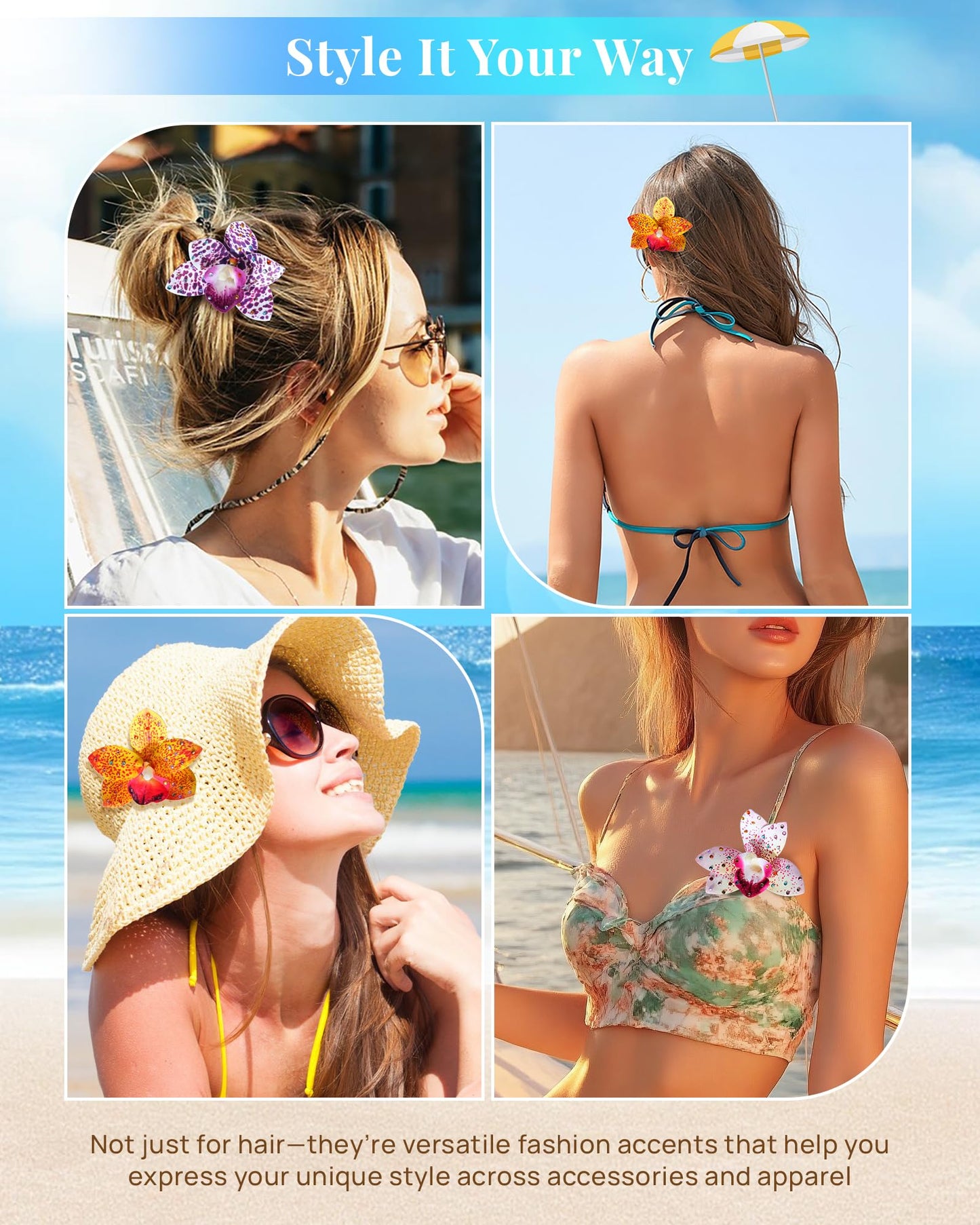 Mesovor 3 Pack Hawaiian Flower Hair Clips, Artificial Tropical Flower Orchid Hair Pin | Rhinestone Hairpins Hair Accessories for Wedding Bridal Beach Party (Orange Orchid)