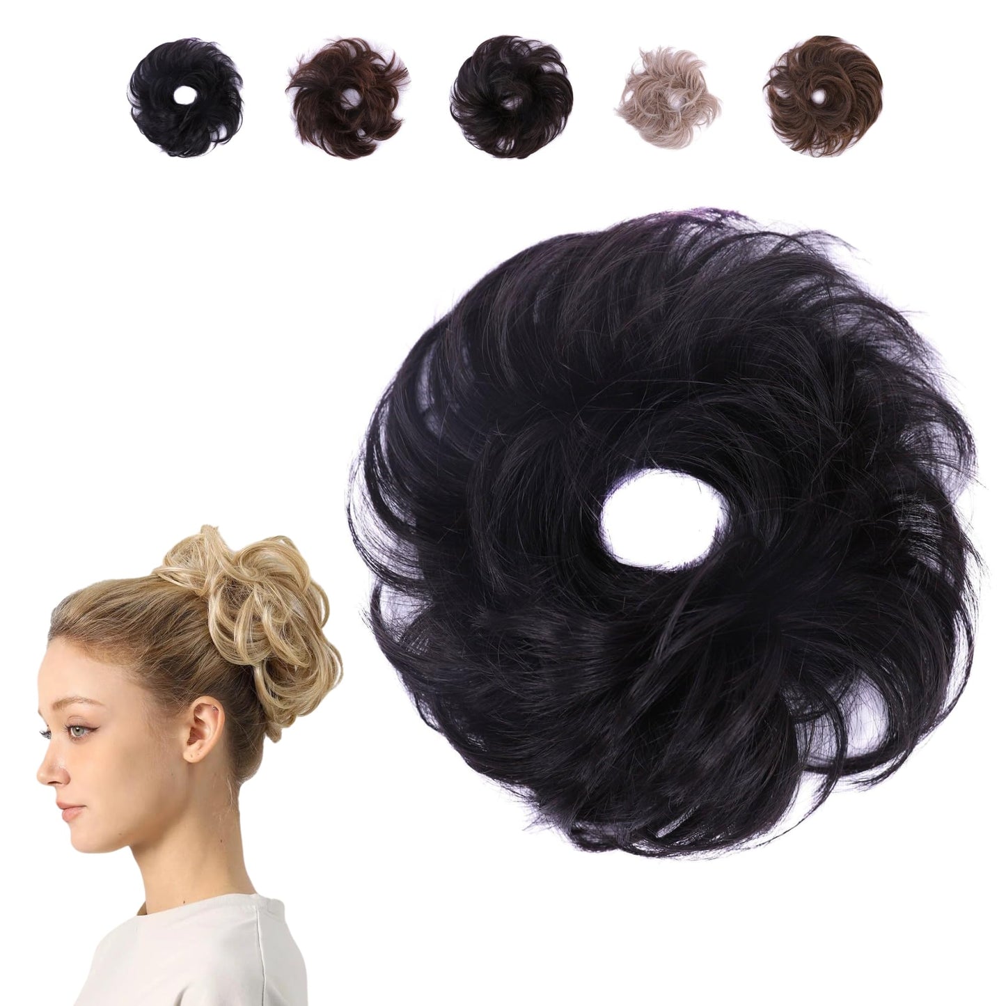 Juvabun Small Messy Bun Hair Piece Black – Wavy Curly Synthetic Chignon Scrunchie for Women, Mini Updo Hair Bun Extension for Thin Fine Hair, Washable Natural Looking Hairpiece Daily Wear