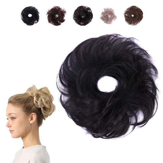 Juvabun Small Messy Bun Hair Piece Black – Wavy Curly Synthetic Chignon Scrunchie for Women, Mini Updo Hair Bun Extension for Thin Fine Hair, Washable Natural Looking Hairpiece Daily Wear