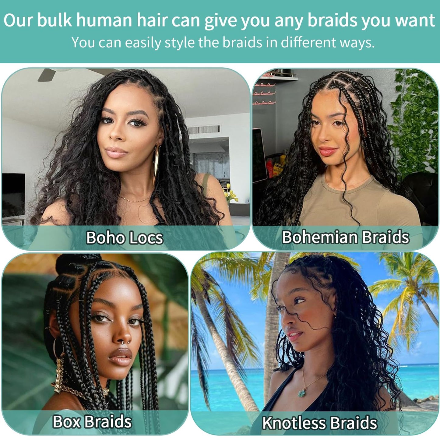 MOTFIN Human Braiding Hair for Boho Braids 22 Inch Curly Wave Bulk Bundles