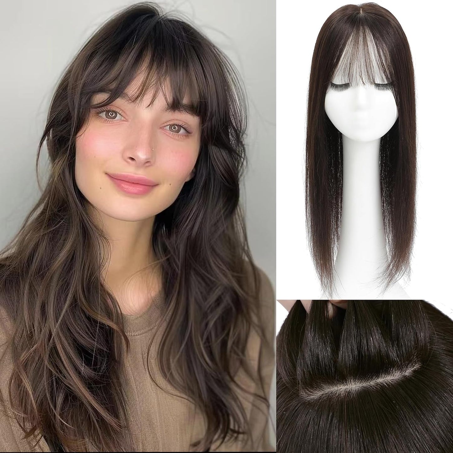 Aimeolyn Hair Toppers for Women - Real Human Hair 12-Inch Wiglets with Bangs | Natural Skin Scalp for Thinning Hair
