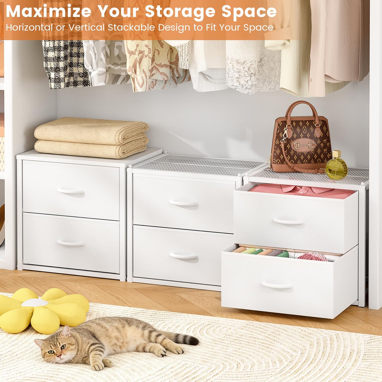 DAOUTIME 3-Pack Stackable Storage Drawers (6 Drawers Total), White Closet Organizer for Clothes, Stackable Drawer Dresser for Closet, Stackable Drawers for Bedroom, Living Room, Pantry, Under Bed