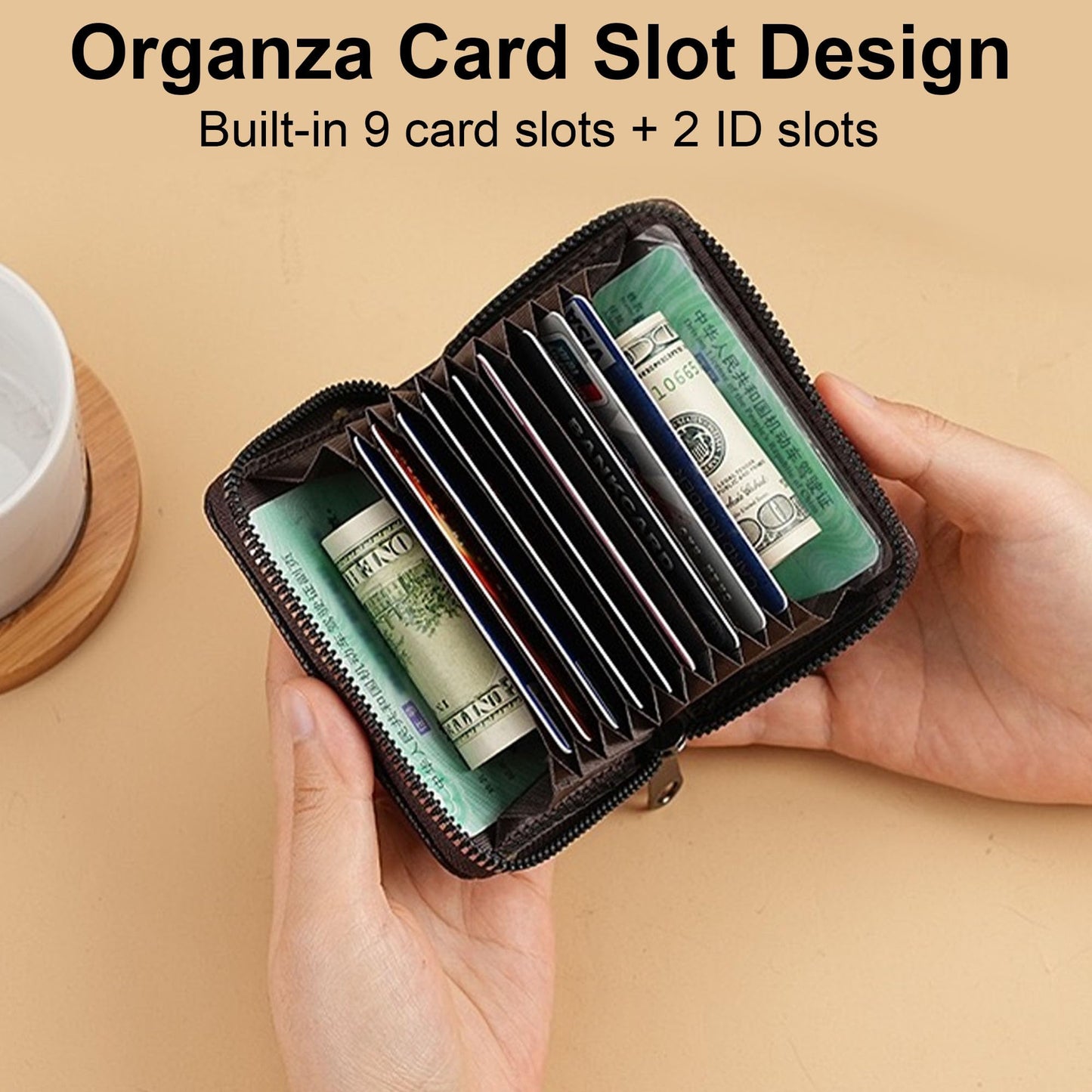 RFID Credit Card Holder Wallet with 9 Card Slots and 2 Cash Compartments, Compact Zipper Wallet for Men and Women, Leather RFID Blocking Card Organizer for Travel and Daily Use Black