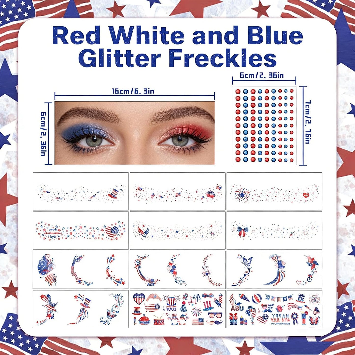 Red White and Blue Glitter Freckles Face Tattoos - 12Pcs Patriotic Temporary Makeup Stickers for 4th of July | Rhinestone Accents