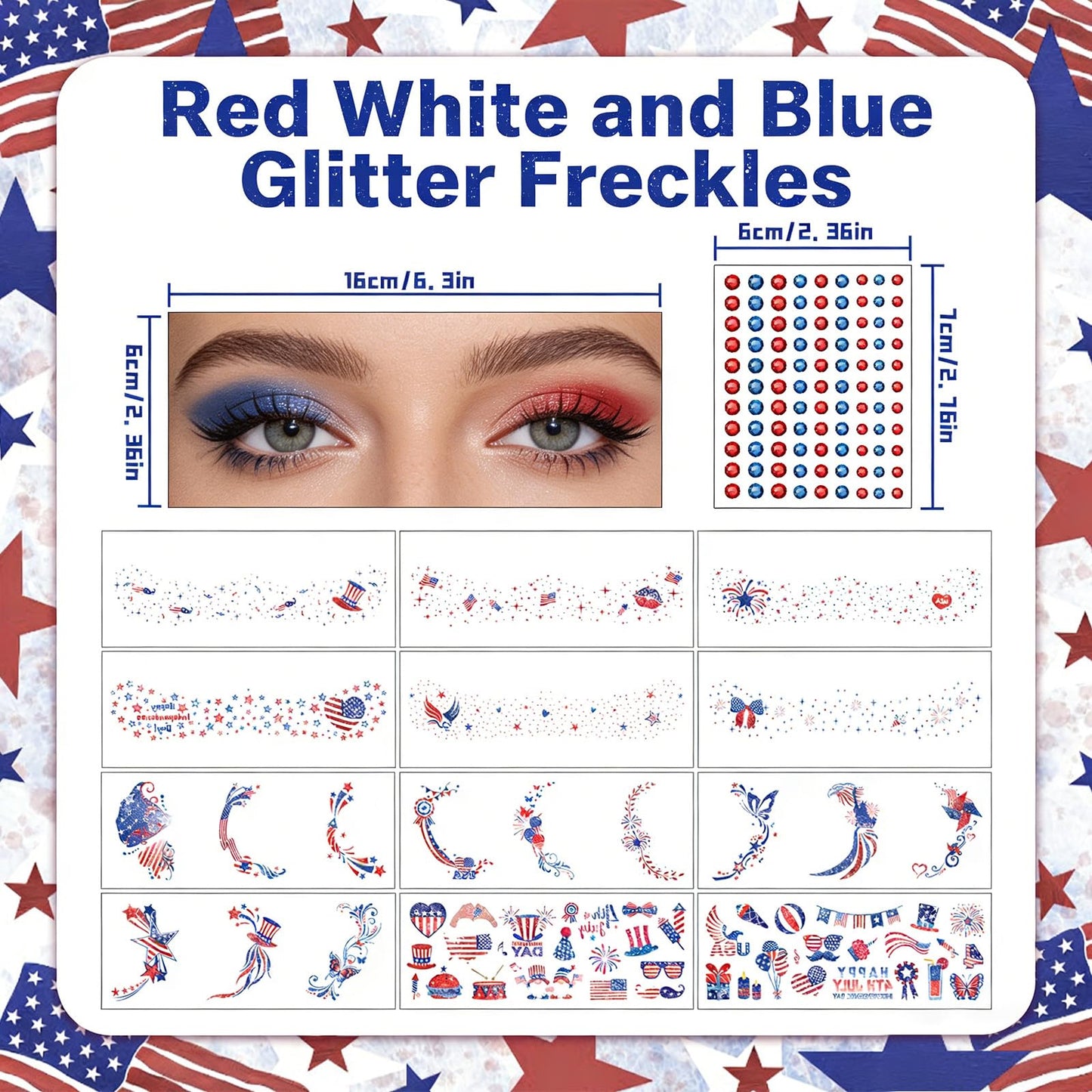 12Pcs Red White and Blue Glitter Freckles Face Tattoo for Makeup, 4th of July Accessories Sparkle Star Freckle Stickers with Rhinestones, Independence Day Patriotic Temporary Tattoos for Women