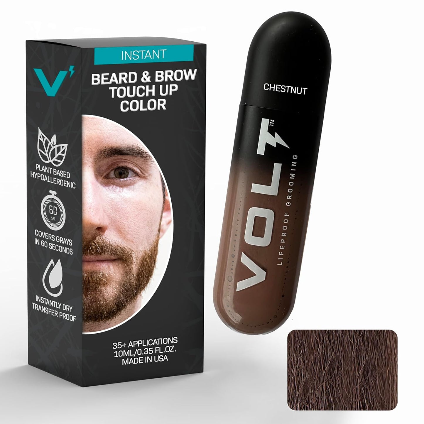 VOLT Instant Beard Color - Quick Drying Plant-Based Formula for Men | Ebony Brown/Black, 1 Pack, Up to 35 Applications