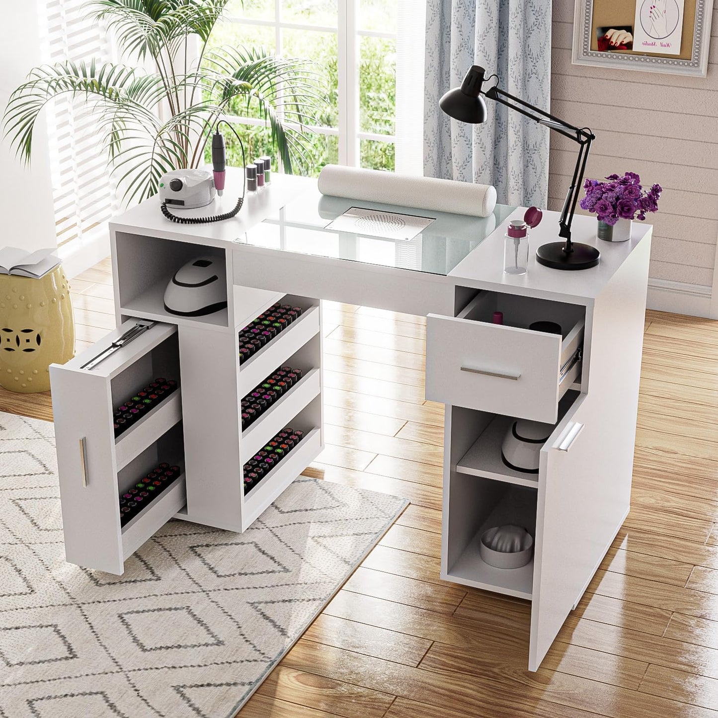 Nail Tech Manicure Table - Acetone Resistant Glass Top & Wrist Rest | White Workstation with Storage Drawers & 4 Dust Bags
