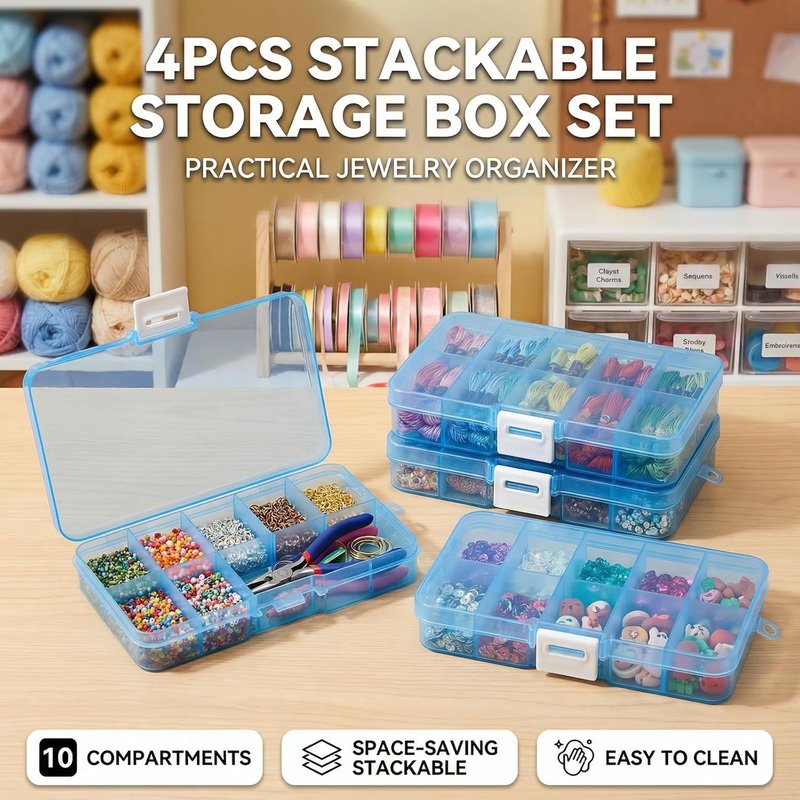 Stackable Plastic Organizer Boxes - 4-Pack Jewelry & Craft Storage Case | Waterproof Bead & Tackle Holder - Blue