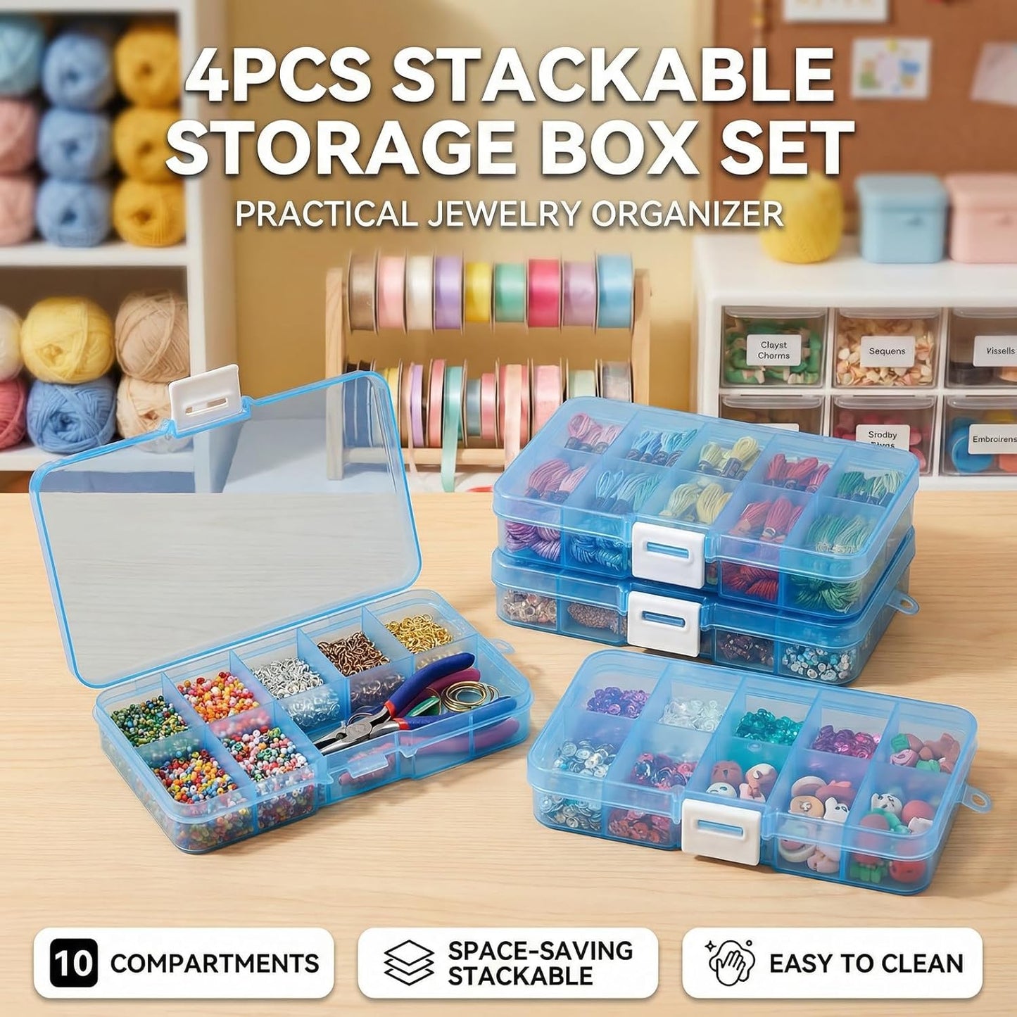 Jewelry & Bead Storage Boxes - 4 Pack Waterproof Plastic Organizer | 40 Grids, Stackable Craft Case, Blue