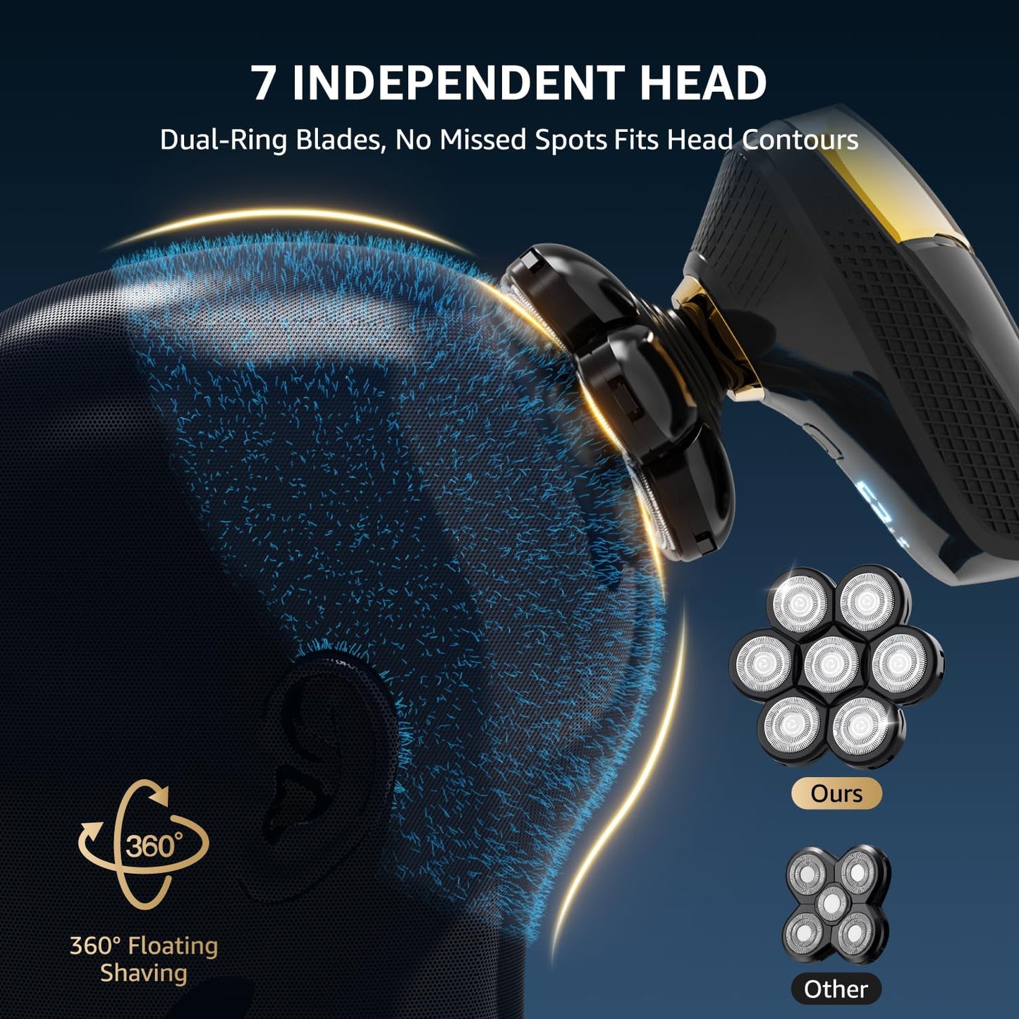 VITALY 7D Floating Head Shaver for Bald Men - 9200RPM Waterproof Rechargeable Grooming Kit | Travel Lock & LED Display