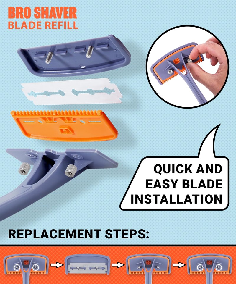 BroShaver Double-Edge Back Hair Shaver Razor Blades, Extra Long Blade Refill Compatible with BroShaver 3.0 & BroShaver 2.2 Back Hair Shavers