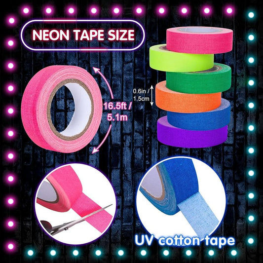 6 Pcs Gaffer Tape Glow in the Dark Neon UV Blacklight Cloth Tape - Multi Color Fluorescent Tape for Party Decorations, Dance Floors and Stage Marking (0.6" x 16.5') (Colorful)