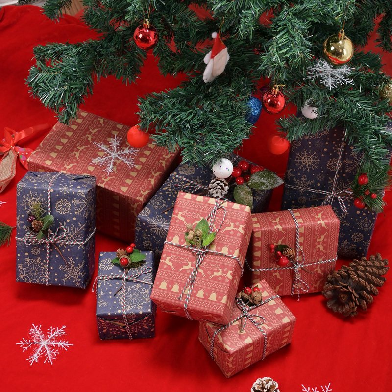 AhfuLife 2 Rolls Christmas Wrapping Paper - 17 Inch × 49.2 Feet Per Roll, Recyclable Blue Red Kraft Xmas Wrapping Paper Roll for Christmas Gift Box Birthday Party Decoration -138 sq. ft. ttl